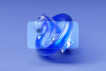 3D illustration of a blue crystalline torus and a twisted cube. Simple geometric figure