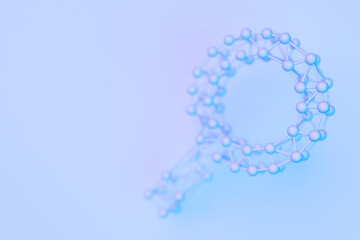 3d illustration of a magnifying glass icon with a detailed molecular system on a blue background