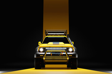 Yellow modern SUV prepared for safari on black   background - front   view - 3D illustration - obrazy, fototapety, plakaty