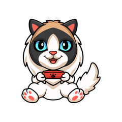 Cute rag doll cat cartoon holding food bowl