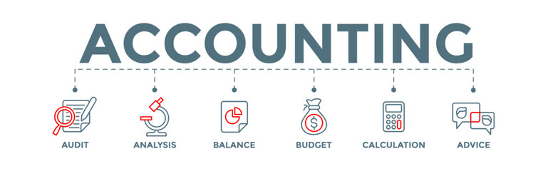 Accounting banner web concept. editable vector infographic for business finance with audit, analysis, balance, budget, calculation, and advice icons