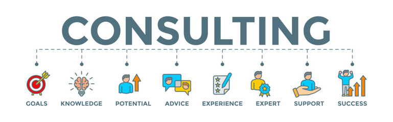 Consulting banner web icon vector illustration concept for business consultation with an icon of goals, expert, knowledge, advice, experience, support, potential icons