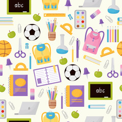 School items seamless pattern on light background. Back to school. Cute kids collection. Vector Background with educational subjects in flat style.