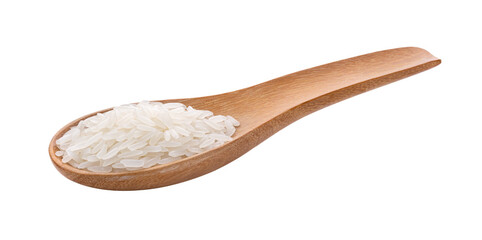 Dry white jasmine rice in wood spoon isolated on transparent png