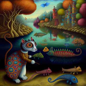 Illustration of imaginary colorful creatures sharing a lake beside a colorful small city
