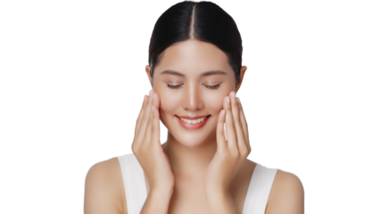 Close up portrait smiling young Asian girl massaging her beautiful face. Attractive woman touching her face after applying cream, PNG file transparent background.