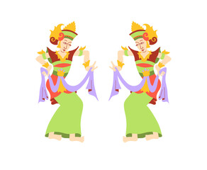 Two women perform a traditional Balinese dance in flat style, vector illustration.