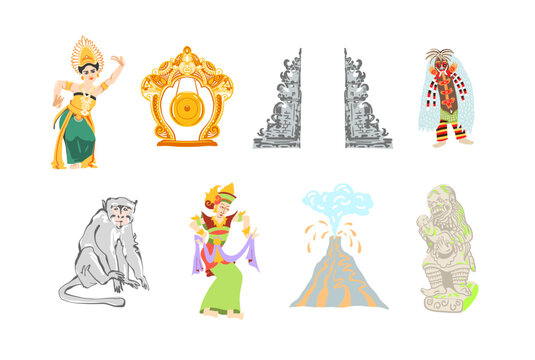 set of symbols Bali Indonesia in flat style, vector illustration collection.