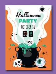 Halloween party invitation. Witch cauldron with potion, spider and eyes. Magic and sorcery, mysticism and fantasy. Poster or banner for website. Festival and holiday. Cartoon flat vector illustration