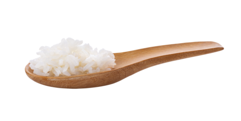 Cooked rice in wood spoon on transparent png