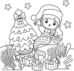 Christmas coloring book with cute mermaid girl