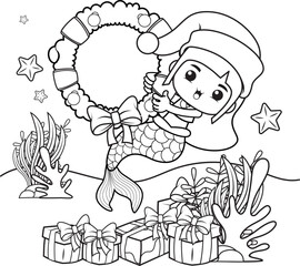 Christmas coloring book with cute mermaid girl