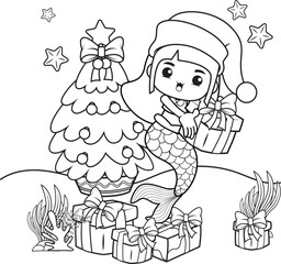 Christmas coloring book with cute mermaid girl