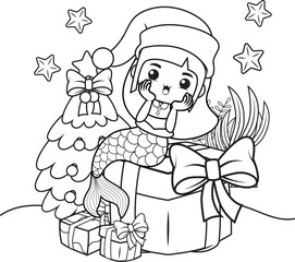 Christmas coloring book with cute mermaid girl