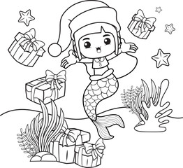 Christmas coloring book with cute mermaid girl