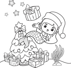 Fototapeta na wymiar Christmas coloring book with cute mermaid girl