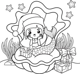 Christmas coloring book with cute mermaid girl
