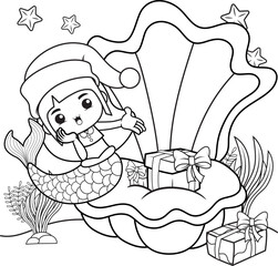 Christmas coloring book with cute mermaid girl
