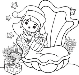 Christmas coloring book with cute mermaid girl