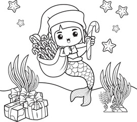 Christmas coloring book with cute mermaid girl