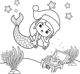 Christmas coloring book with cute mermaid girl