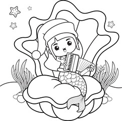 Christmas coloring book with cute mermaid girl