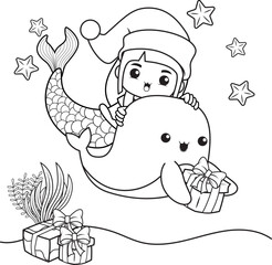 Christmas coloring book with cute mermaid girl