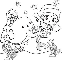 Christmas coloring book with cute mermaid girl