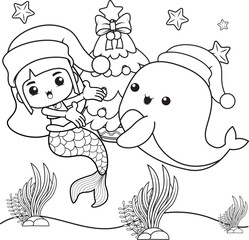 Christmas coloring book with cute mermaid girl