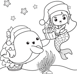 Christmas coloring book with cute mermaid girl
