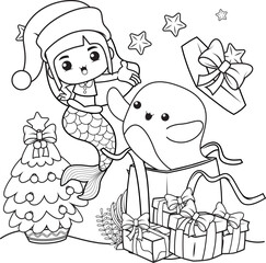 Christmas coloring book with cute mermaid girl