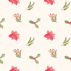 Watercolor floral Christmas seamless pattern.
