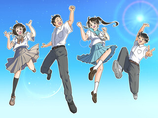 夏空を背景にジャンプする男女の学生　夏服