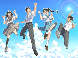 夏空、入道雲を背景にジャンプする男女の学生　夏服