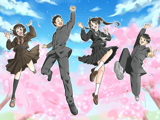 青空と桜を背景にジャンプする男女の学生　冬服　