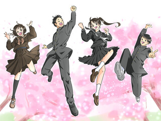 桜を背景にジャンプする男女の学生　冬服