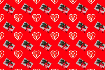 Seamless minimalistic pattern of Christmas gifts on a red background. Photo collage. Christmas background, wallpaper.