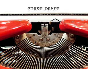 Vintage typewriter with white blank paper typed FIRST DRAFT, concept of a rough draft or very first...