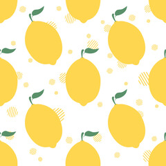 Vector seamless pattern of many bright whole lemon icons with small green leaves, graphic linear shapes on white background. Cute food print. Decorative art element for juice packaging layout design.