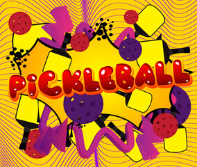 Pickleball. Word written with Children's font in cartoon style.