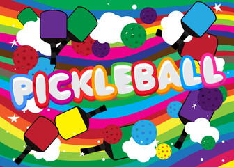 Pickleball. Word written with Children's font in cartoon style.