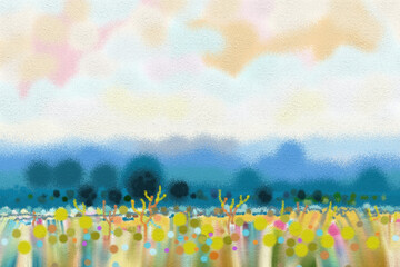 Semi abstract oil painting landscape meadow on canvas texture background.