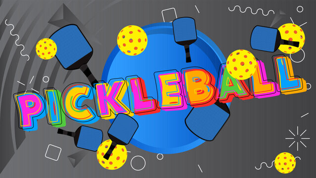 Pickleball. Word written with Children's font in cartoon style.