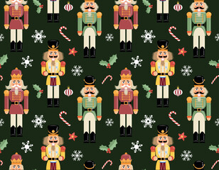 Nutcracker seamless pattern. Repeating design element for printing on present paper. Symbol of New Year and Christmas, winter holidays. Culture and traditions. Cartoon flat vector illustration