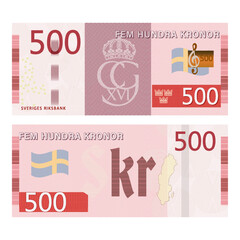 Vector gaming Scandinavian banknote. Inscriptions in Swedish mean five hundred crowns and the Swedish national bank. Obverse and reverse banknotes, flag, symbols and guilloche patterns
