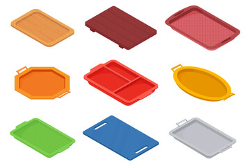 A set of isometric plastic food trays.Trays for carrying food and serving in fast food establishments and cafeterias .Trays made of wood, metal and plastic.Vector illustration.