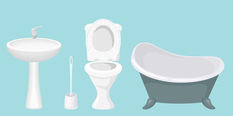 Bathroom set.Toiletries on a green background.Sink,toilet,mirror,bathroom.Vector illustration