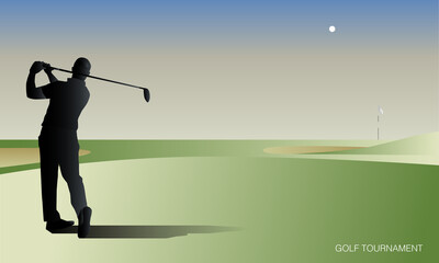 Golfclub competition poster. Template for golf competition or championship event. Blue sky and green golf field.