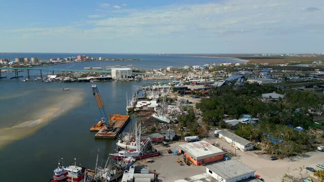 Aerial rising reveal Hurricane Ian aftermath in Fort Myers Beach Florida