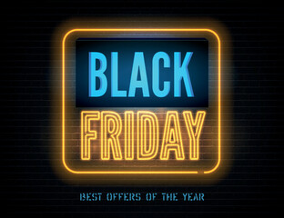 Black friday yellow blue neon light box with annual discount offer promo. Year biggest sale vector banner template. Vintage style seasonal clearance advert. Price reduction minimal sticker design.